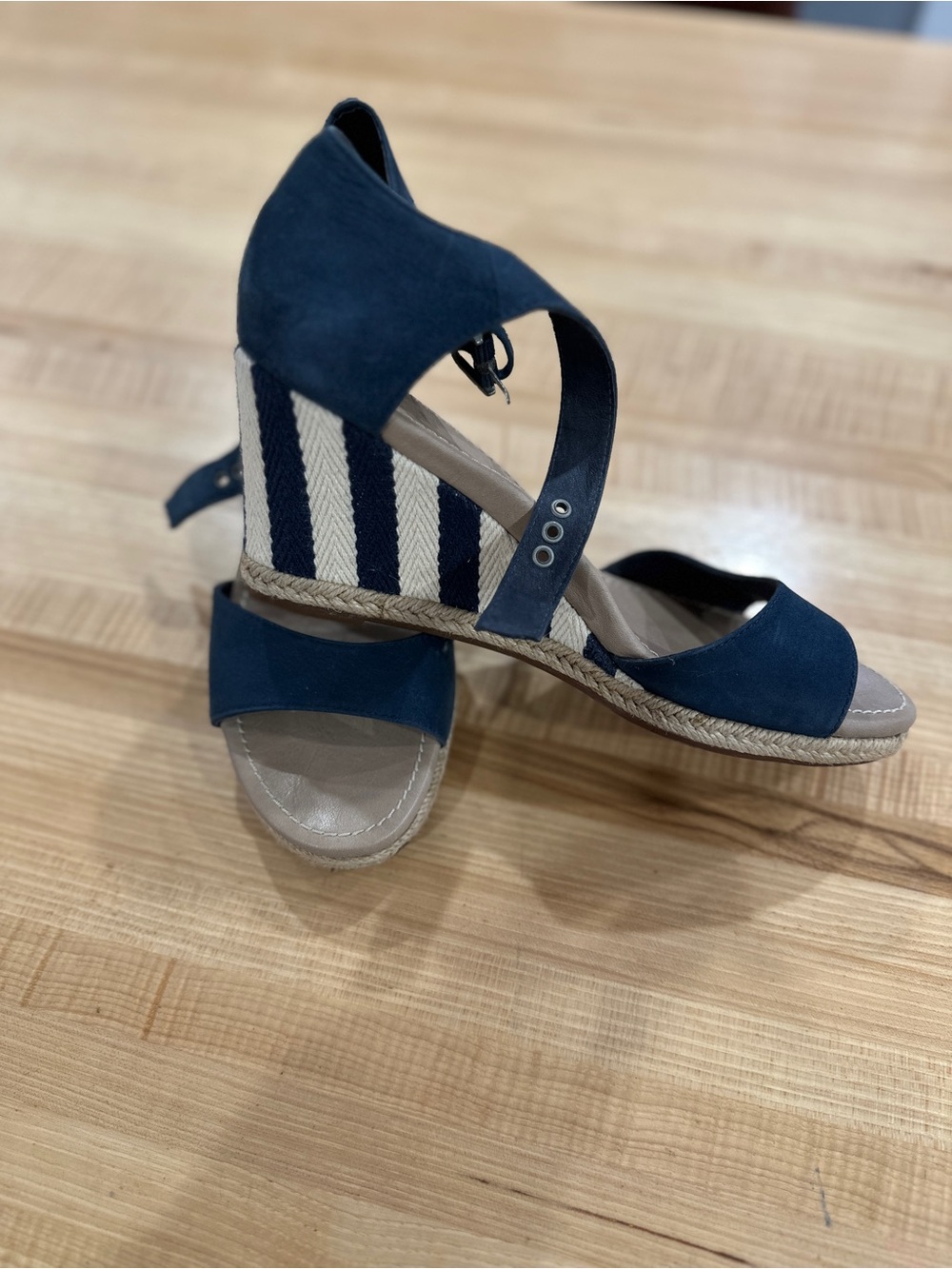 UGG Navy Suede Wedge Sandals with Striped Espadrille Heel